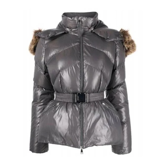 MONCLER Women Laitue Patch Fur Removable Hood Short Padded Gray Size 2 LIKE NEW
